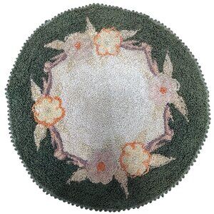 Vintage Dollhouse Dining Room Rug Round Floral Green Border Multicolor Flowers